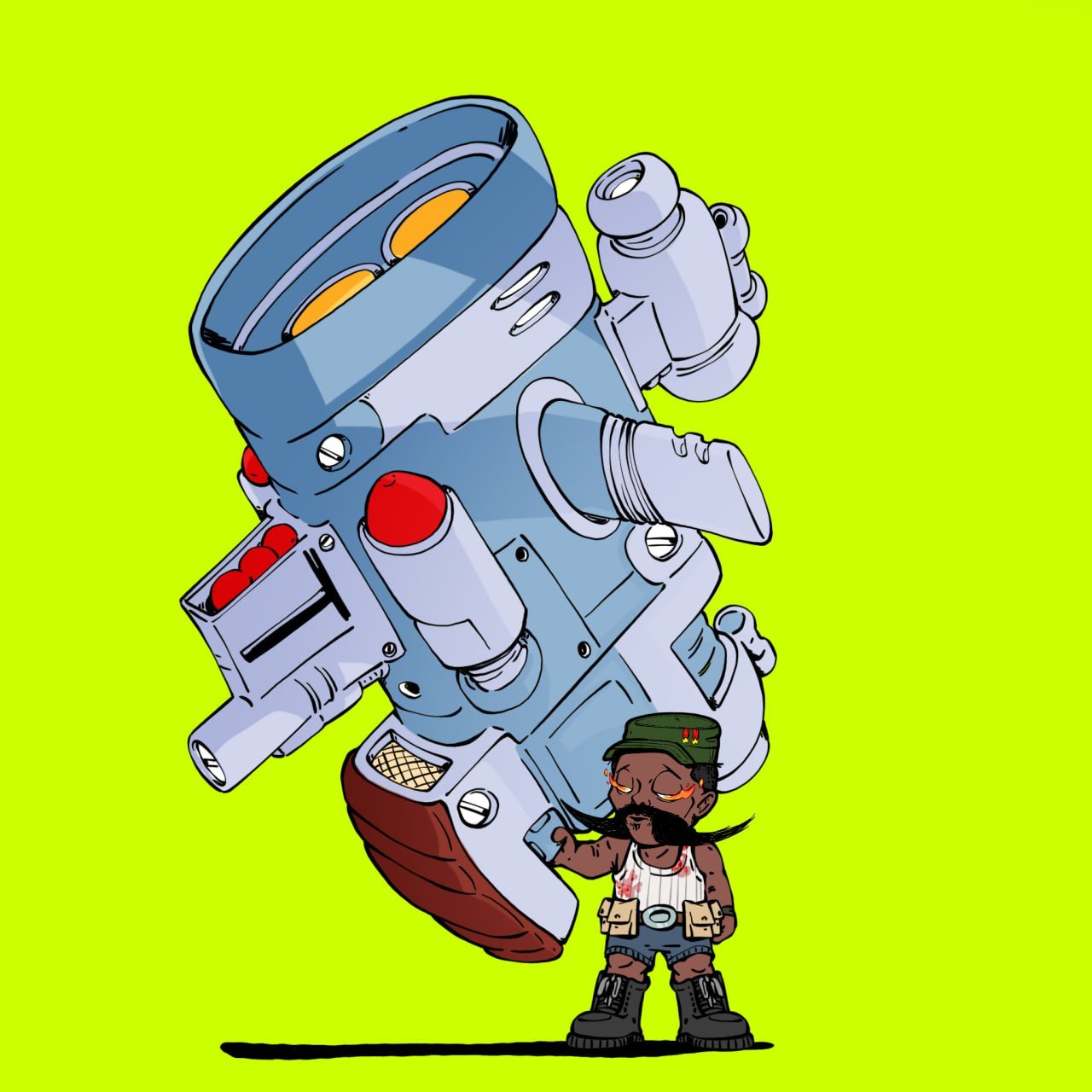 A Hoodboyz resident and machinery on an acid-green background.